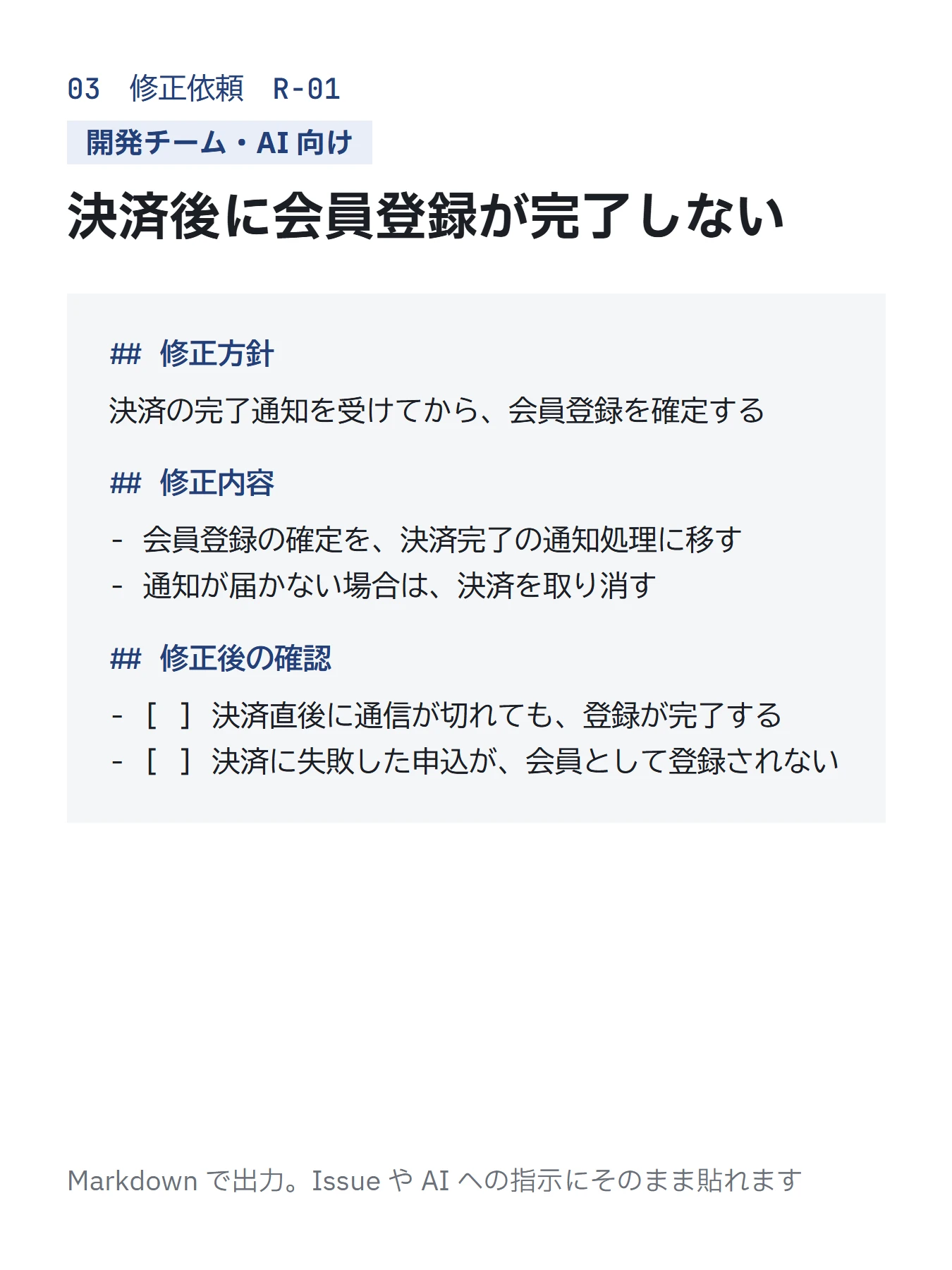 修正依頼の見本(開発チーム・AI 向け)。決済後に会員登録が完了しないリスクについて、修正方針・修正内容・修正後の確認項目を Markdown で記載
